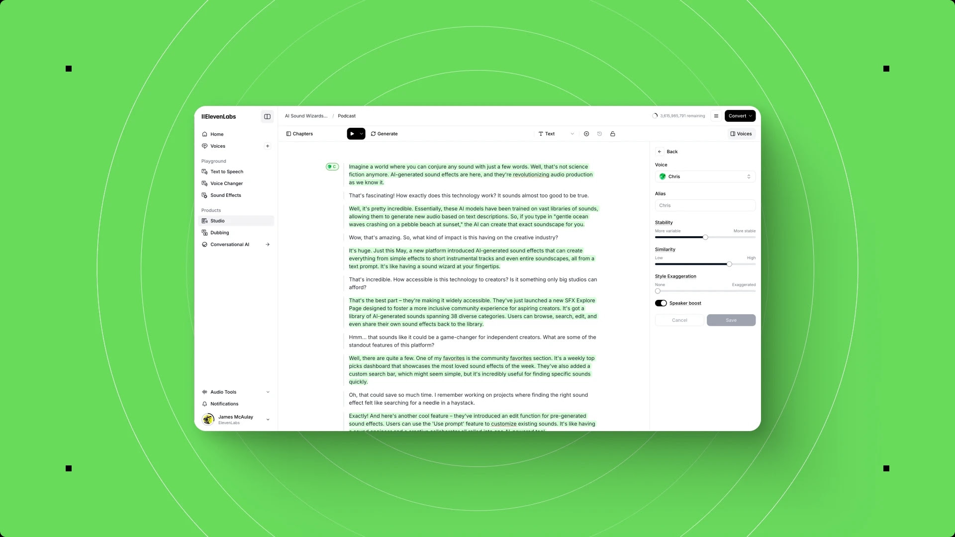 Material promocional da ElevenLabs com a interface do Studio em inglês, um roteiro no centro e controles de voz à direita